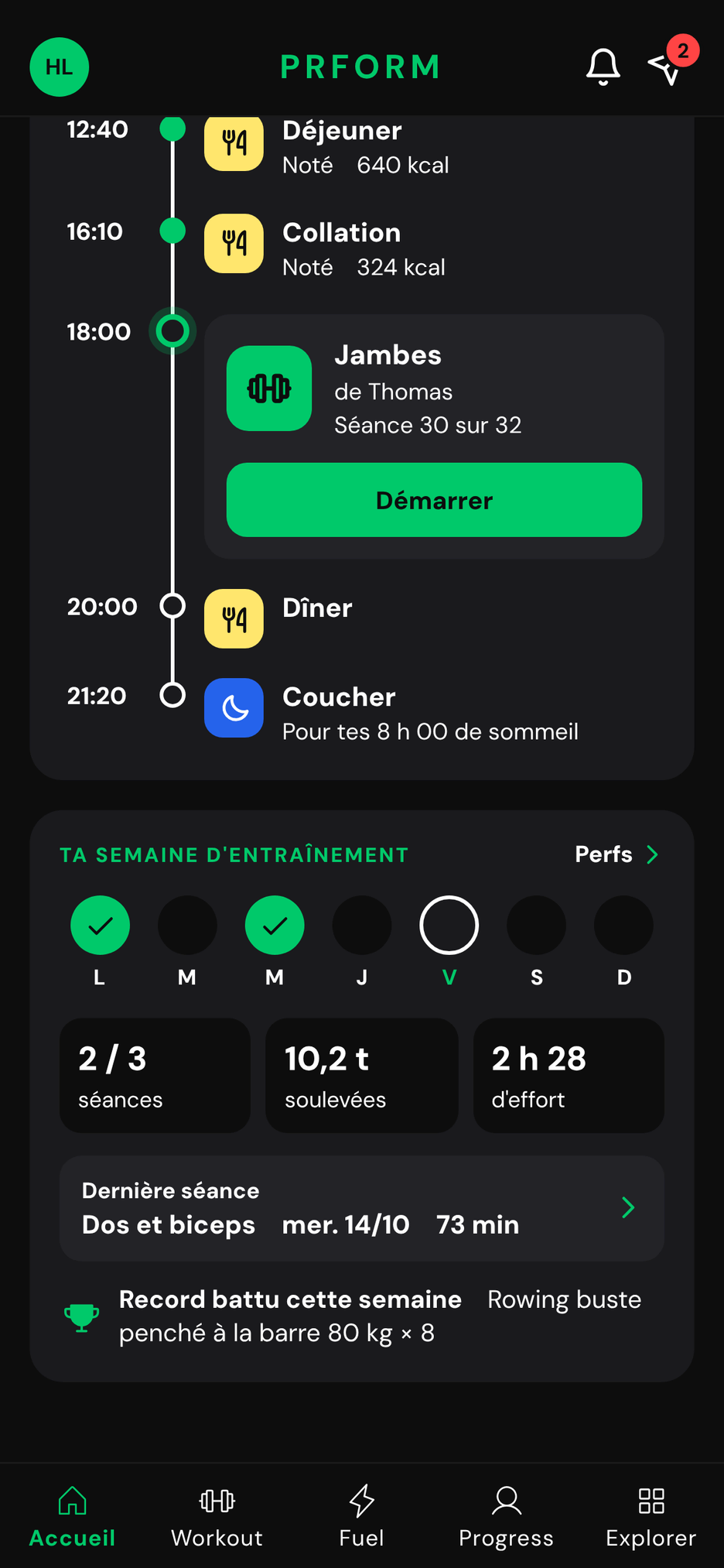 L'accueil de PRFORM : les repas notés, la séance de 18 h à démarrer, le coucher, puis la semaine d'entraînement
