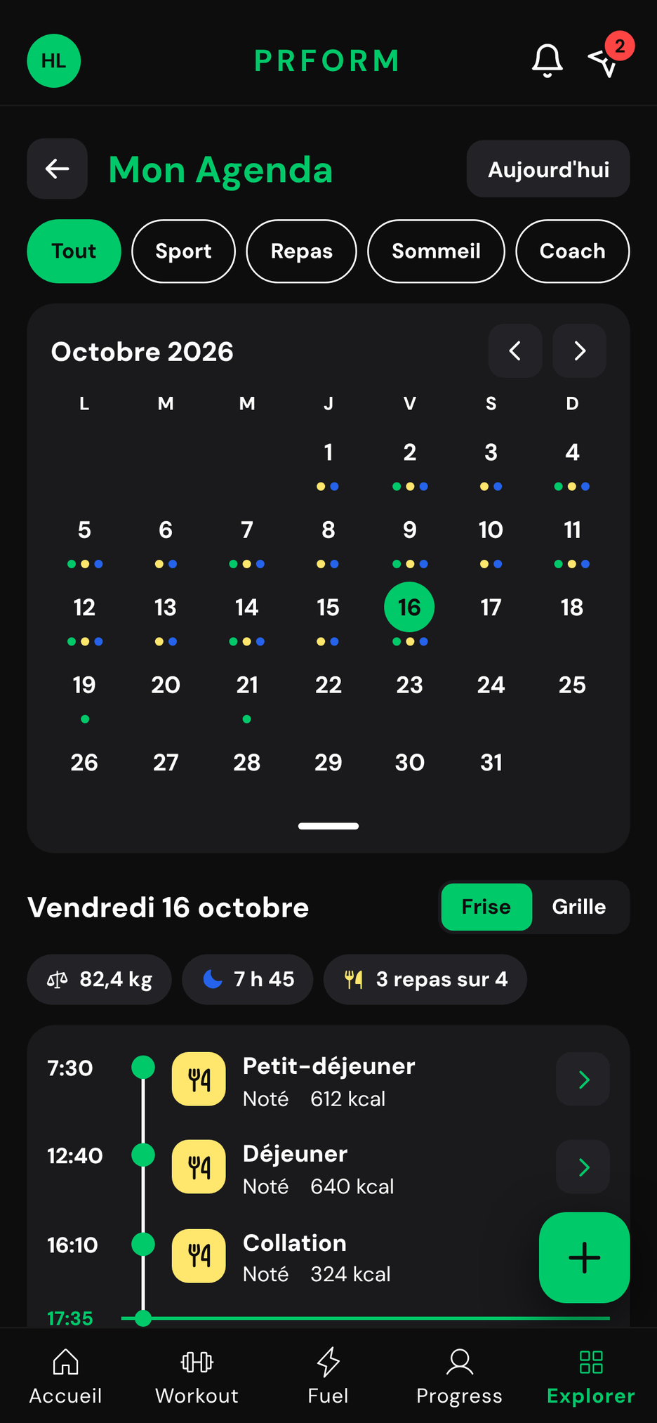 Mon Agenda : le mois d'octobre et la journée du vendredi