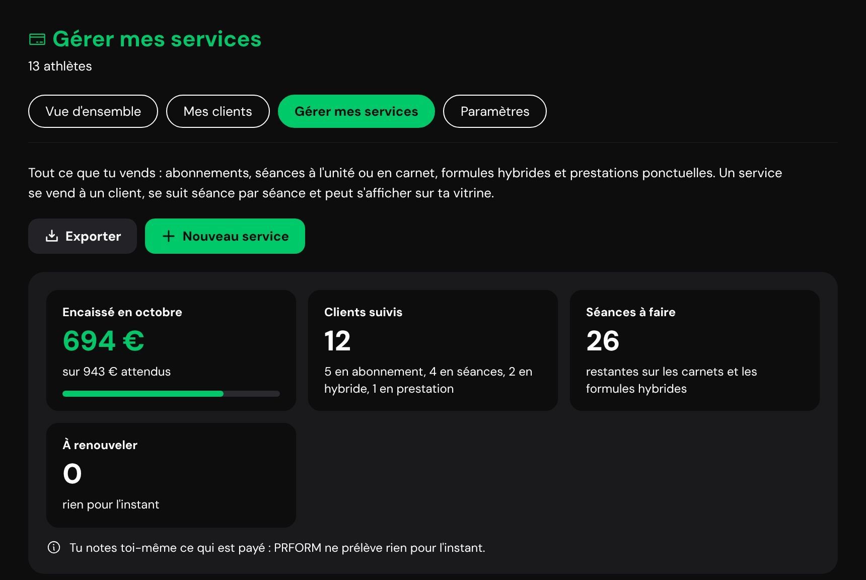 Gérer mes services : 694 € encaissés en octobre sur 943 € attendus, 12 clients suivis, 26 séances à faire