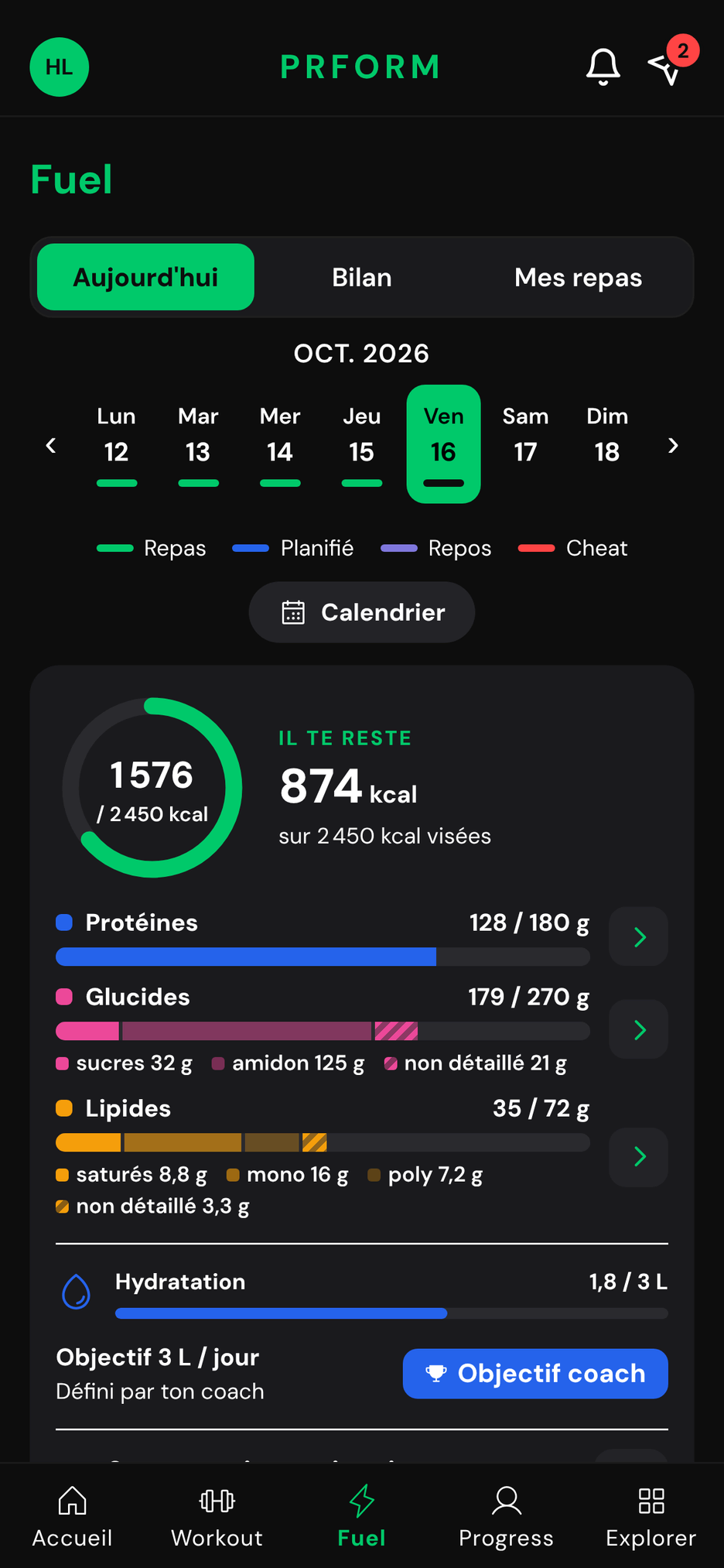 Fuel : les calories du jour, protéines, glucides et lipides détaillés, hydratation