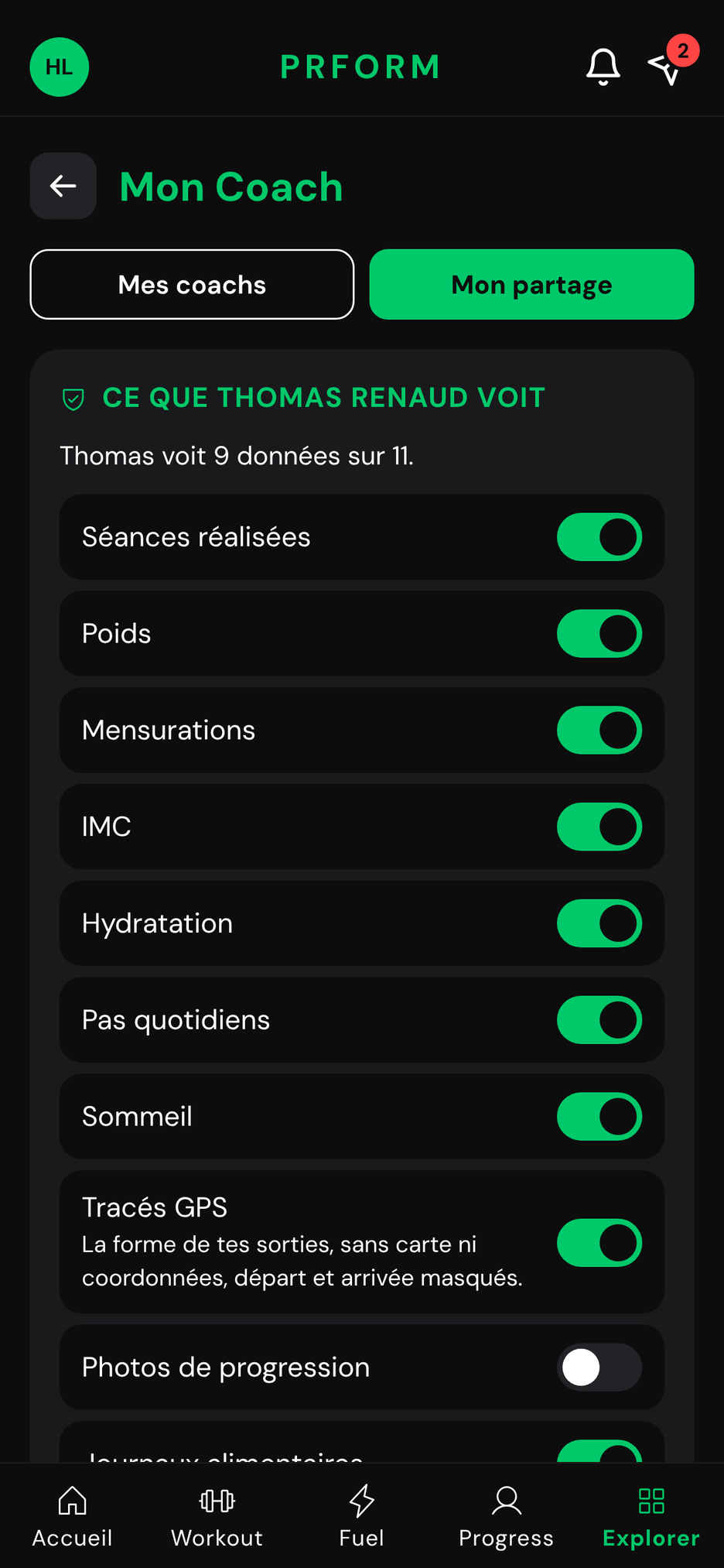 Mon partage dans PRFORM : les données que le coach peut voir, réglables une à une