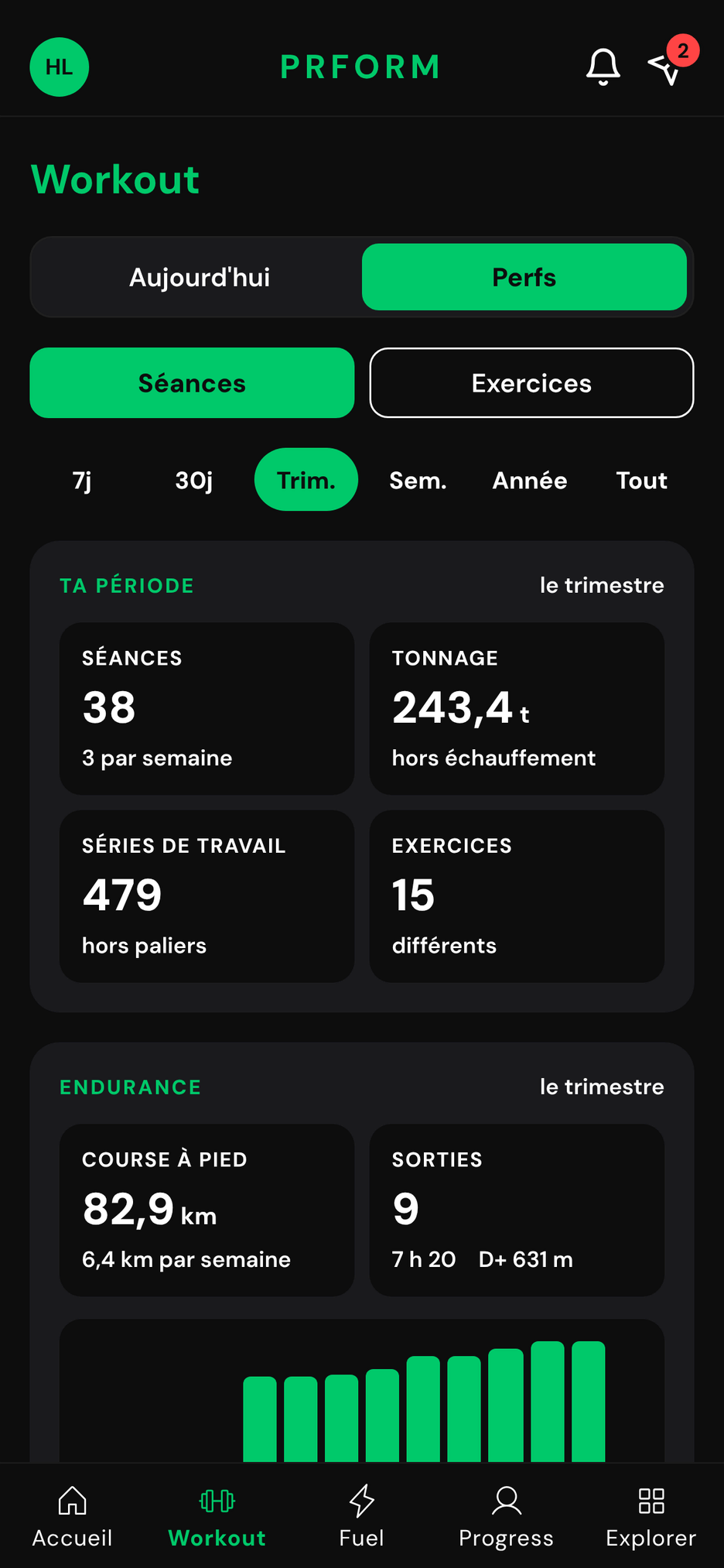 Perfs dans PRFORM : 38 séances sur le trimestre, 243,4 tonnes soulevées, 479 séries de travail et la carte Endurance