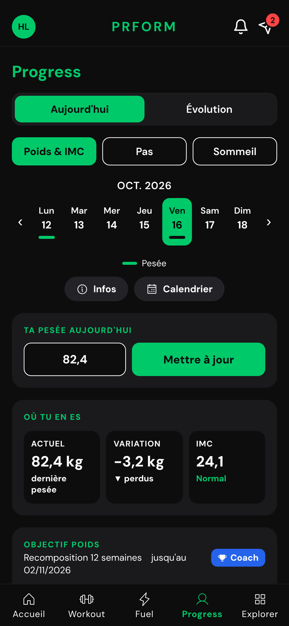 Poids et IMC : pesée du jour, variation, IMC
