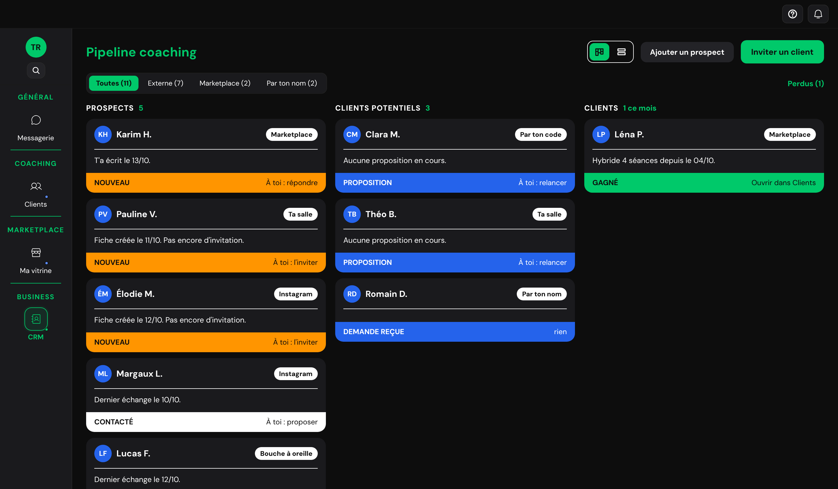 Pipeline coaching : prospects, clients potentiels et clients, avec leur provenance (Instagram, salle, annuaire, code)